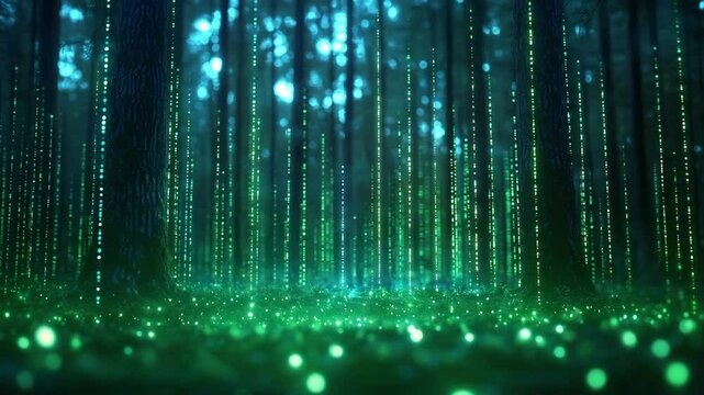 Nature conservation concept. A mystical forest scene with glowing digital-looking light streams resembling data or bioluminescence among trees. Selective focus.