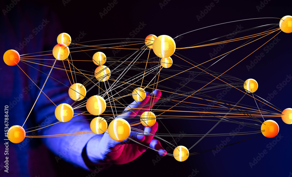 Poster Abstract image depicting a complex network, nodes, connections, and data flow. Ideal for technology, business, and global concepts.