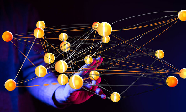 Abstract image depicting a complex network, nodes, connections, and data flow. Ideal for technology, business, and global concepts.