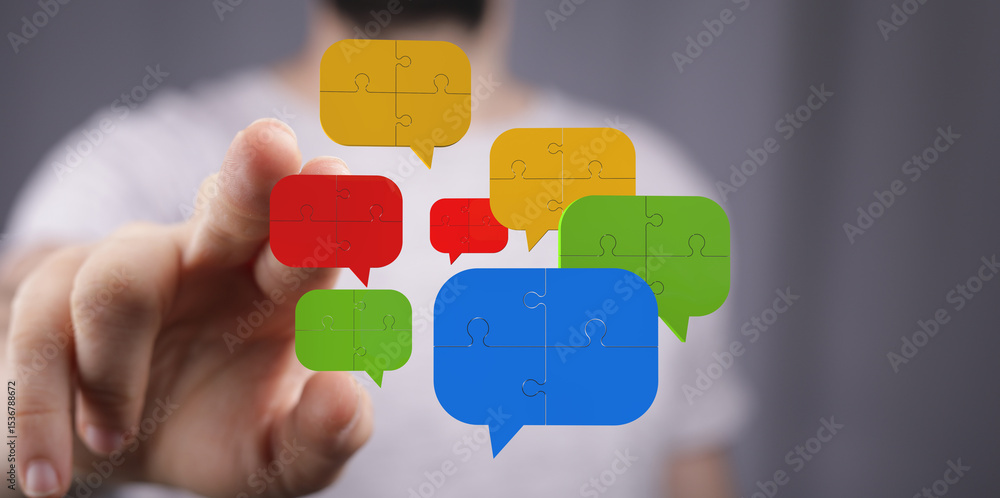 Poster abstract image of puzzle pieces forming speech bubbles. concept for communication, teamwork, solutio