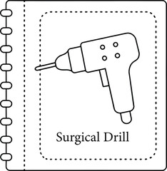 Notebook page showing a surgical drill medical equipment illustration