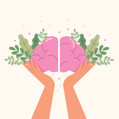 hands holding a brain with mental health of positive thinking, Good health care vector illustration. Concept of mental health.  