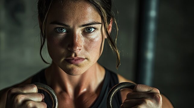 A fit woman in a sports bra hangs from gymnastic rings in a dimly lit training space. - Powered by Adobe