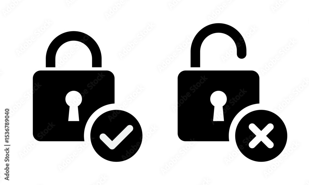Poster lock unlock icon with tick and cross black and white color. yes no mark closed and open padlock symb