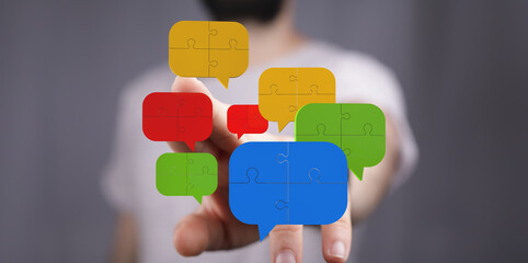 Colorful speech bubbles illustrate teamwork, communication, and problem-solving.
