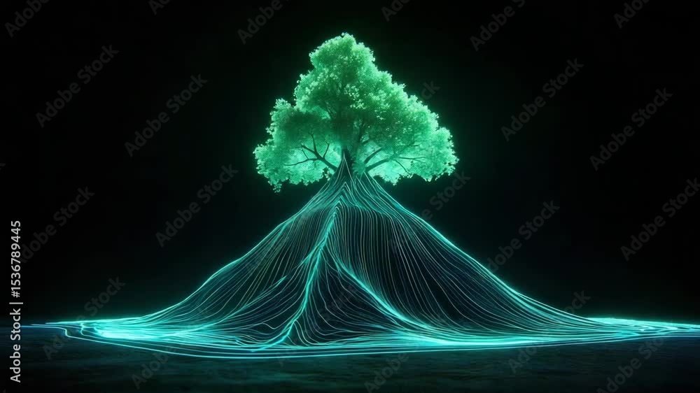 Poster nature conservation concept. a glowing neon tree with illuminated roots spreading out symmetrically 