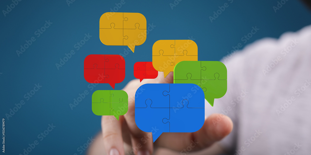 Poster Abstract image of puzzle pieces forming speech bubbles, symbolizing communication and collaboration.