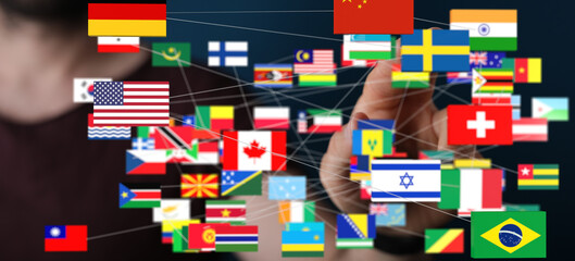 A diverse array of national flags interconnected, symbolizing global collaboration and...