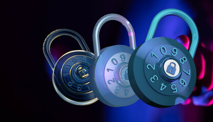 Three blue combination padlocks symbolize online security, data protection, and privacy.