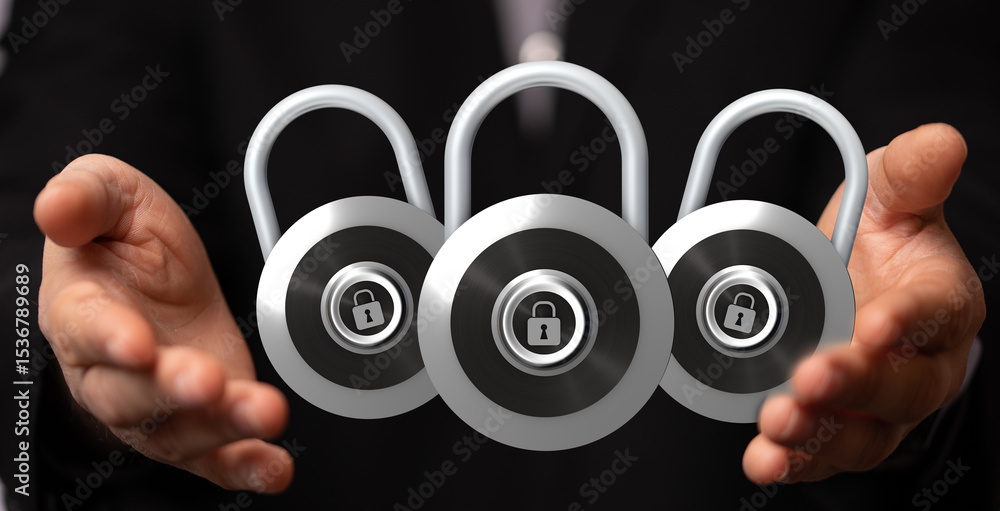 Poster image of three padlocks held in hands, symbolizing data security, privacy, and protection.