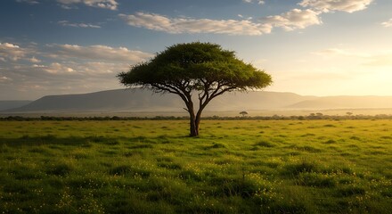 Serene Sunset Landscape Lone Tree in Vast African Savanna Grassland