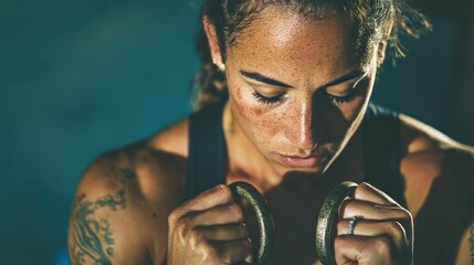 A fit woman in a sports bra hangs from gymnastic rings in a dimly lit training space.