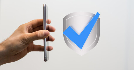 Smartphone security, verified protection, mobile safety, data privacy, secure app, check mark,...