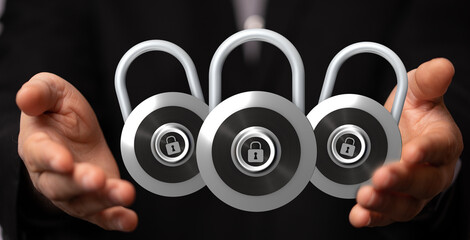 Image of three padlocks held in hands, symbolizing data security, privacy, and protection.
