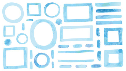 Watercolor shapes in light blue including circles squares and rectangles arranged on a white background