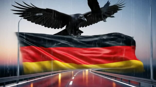 German Pride: Majestic Eagle Flies over the National Flag along a highway in the rain