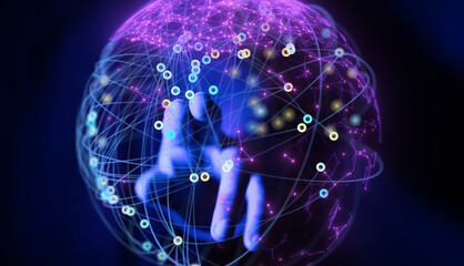 Abstract image depicting a hand interacting with a digital sphere, representing global connectivity...