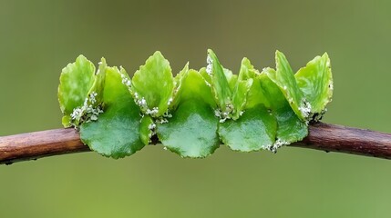 Closeup Macro Shot of Green Leaves with White Powdery Substance on Branch