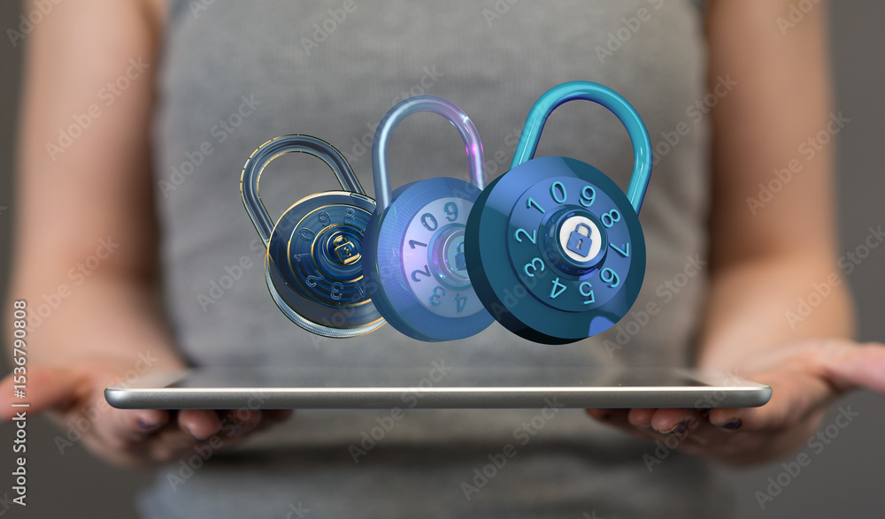 Poster Image of three digital combination locks hovering above a tablet, illustrating online security and data protection.