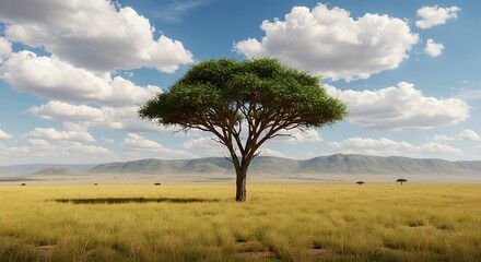 Obraz premium Serene African Savanna Landscape Lone Acacia Tree Under a Cloudy Sky