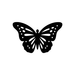 A simple black and white butterfly silhouette with intricate wing patterns shown transparent background , no background