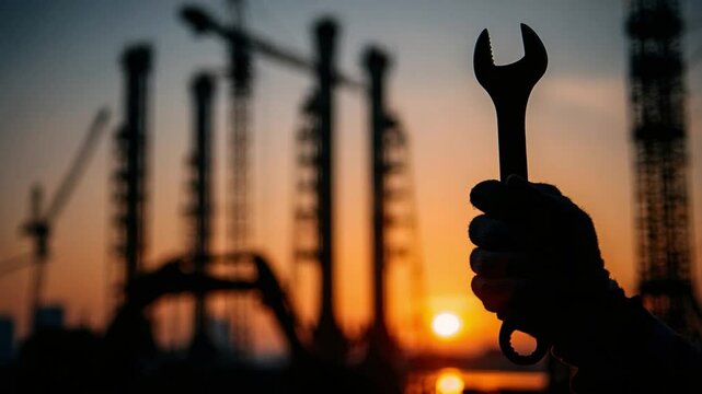 Hand Holding Adjustable Wrench Against Sunset with Silhouetted Industrial Structures in Background