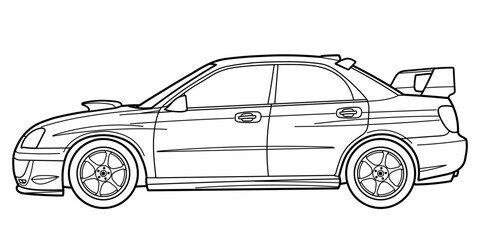 Outline drawing of a sport car, side view. Vector doodle illustration from is a sports sedan and rally car.