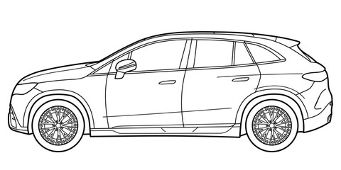Classic electric luxury suv car. Crossover car front view shot. Outline doodle vector illustration. Design for print, coloring book.
