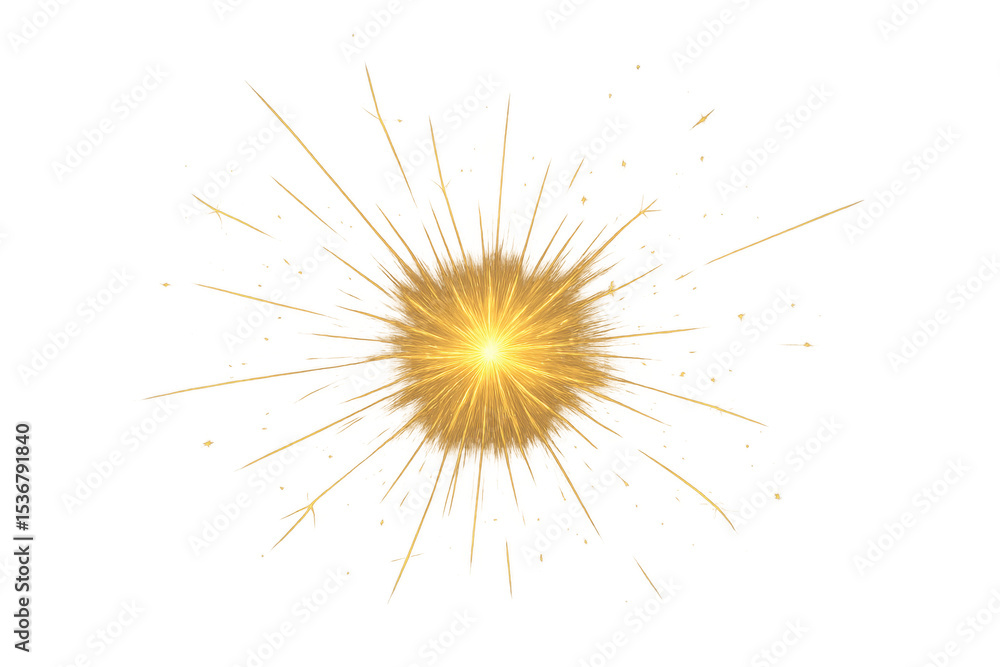 Poster golden light effect exploding with sparks on transparent background, ideal for overlays and graphic 