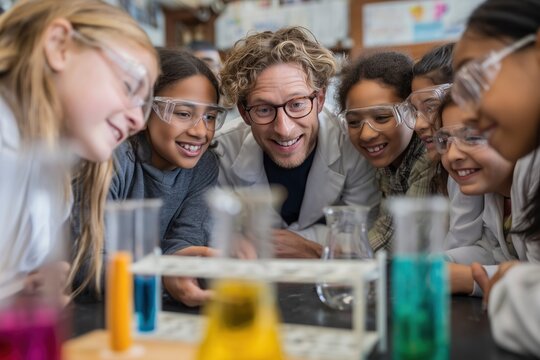 Excited Students and Teacher During Science Experiment