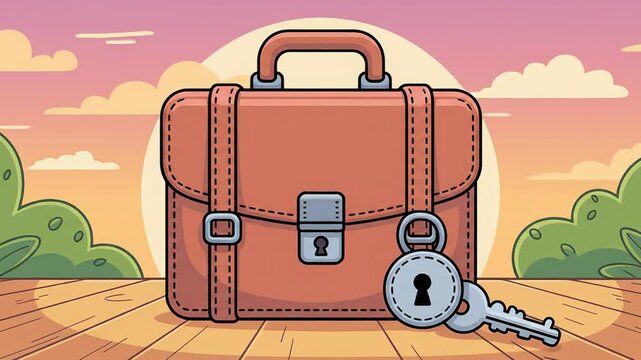 Stylized Briefcase with Lock and Key on Wooden Surface in Outdoor Scene