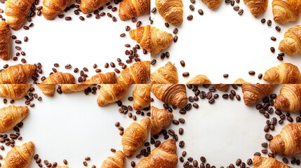 Four framed compositions of croissants with coffee beans