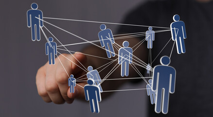 Image of a hand interacting with a network of people, symbolizing teamwork, connection, and global...