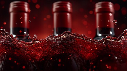 Sparkling red wine bottles in dynamic splash