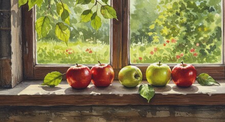 Red and green apple row on a rustic window sill with green leaves. Apple harvest and rustic home interior concept for Spas festival.