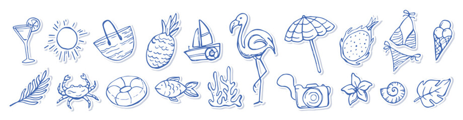 Mediterranean Vacation, Tropical elements in Blue color. Hand drawn Italian holiday set. Summer Beach Stickers, Sea life doodle. Coastal Mediterranean vector isolated collection
