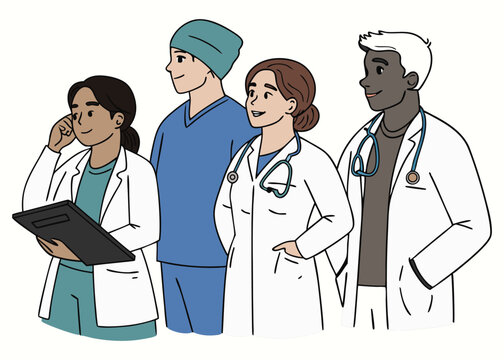 Healing Hands Collective Bright Cartoon Illustration of Four Healthcare Workers.