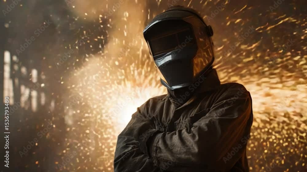 Aufkleber welder in protective gear creating sparks in workshop environment with dynamic lighting effects and 
