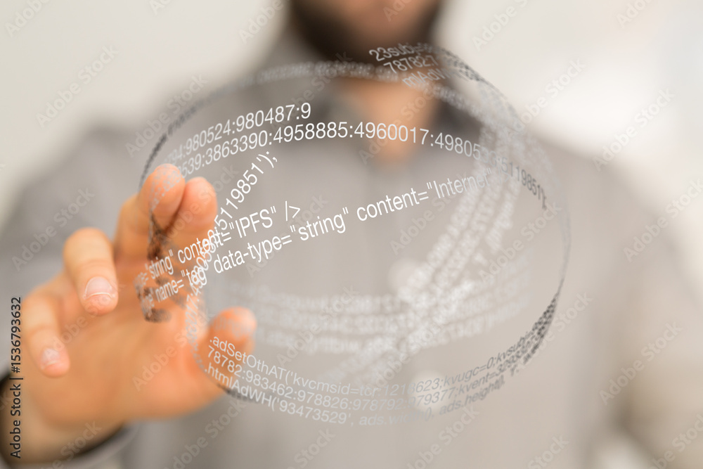 Aufkleber Close-up of a hand interacting with a transparent sphere displaying code.