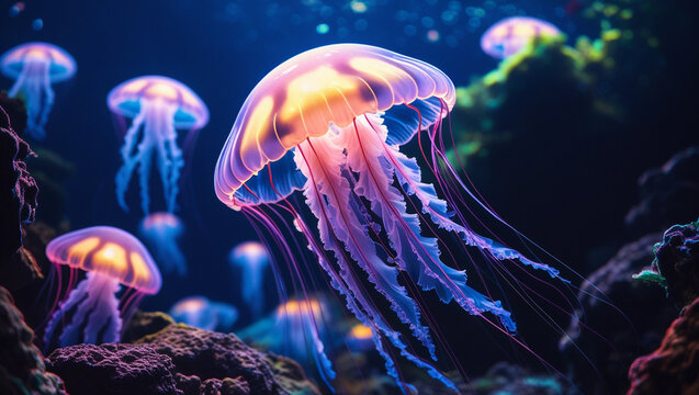 Bioluminescent Jellyfish Floating in Vibrant Underwater Fantasy Scene

