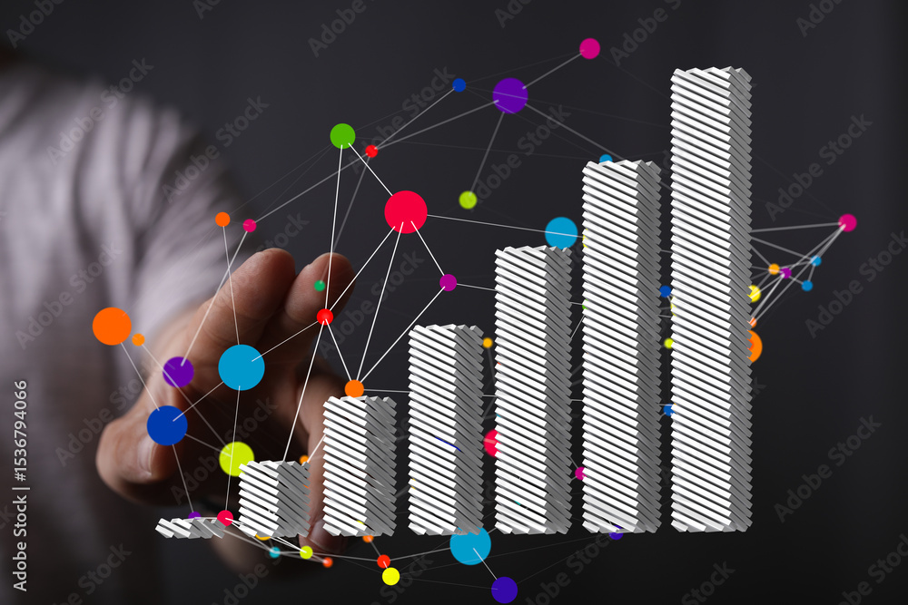 Poster Stock photo of a hand interacting with a 3D bar chart illustrating data growth and network connections.