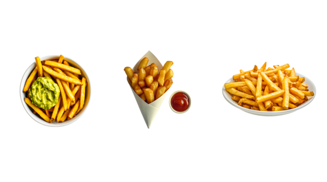 Delicious golden French fries served in bowls and a cone with tasty dips like ketchup and guacamole, transparent background