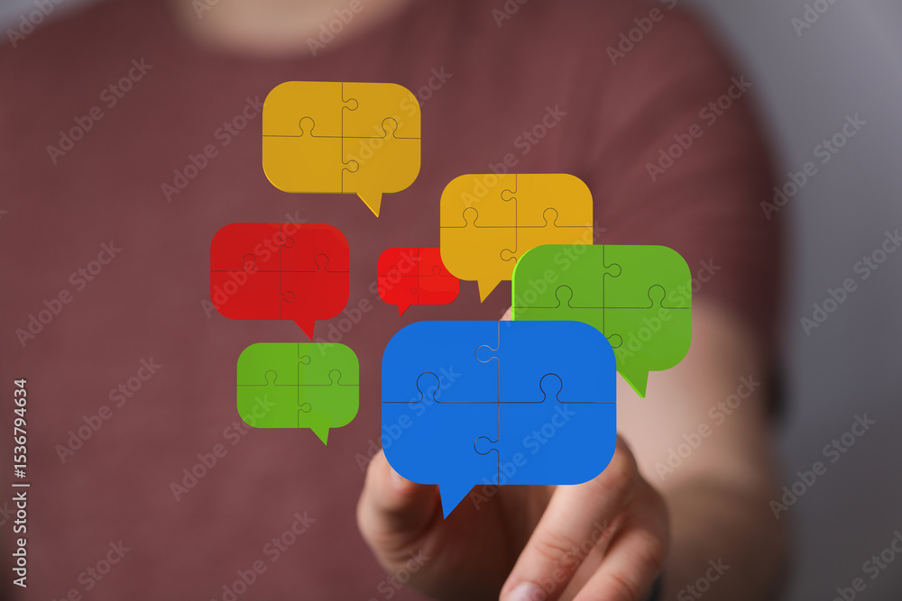 Poster colorful puzzle pieces in speech bubbles symbolize teamwork, communication, and problem-solving.