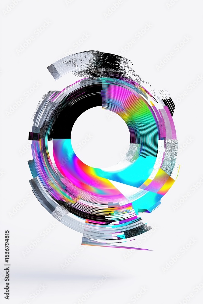 Aufkleber abstract circular digital art with vibrant colors and distorted elements on white background
