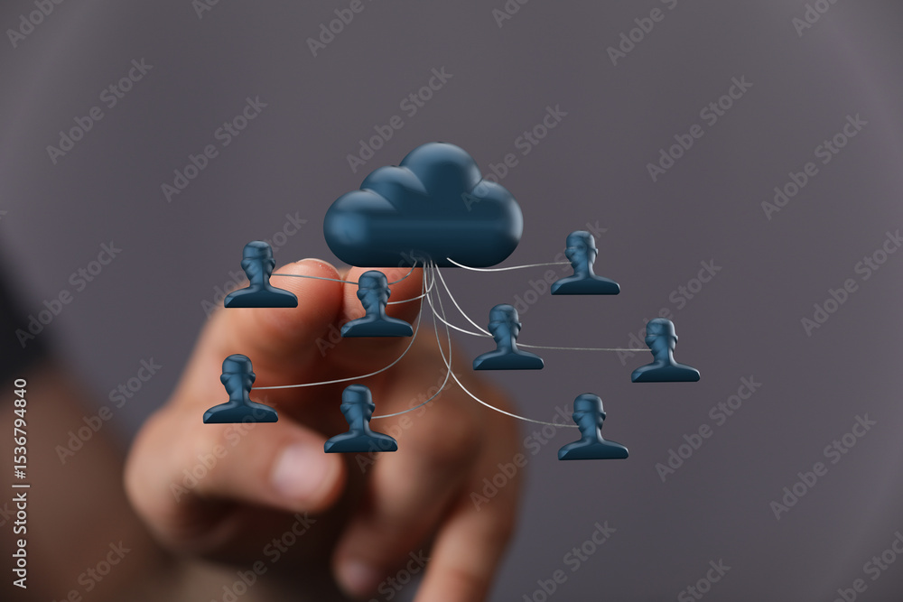 Poster Illustrates secure cloud data sharing among multiple users. Ideal for tech, networking, and cybersecurity concepts.