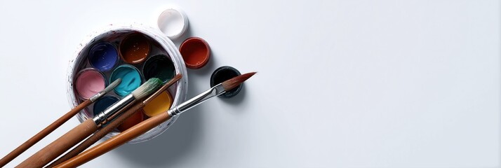 Assorted paintbrushes and colorful paint pots on white background