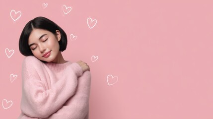 Woman in Pink Sweater Embraces Herself on a Pink Background
