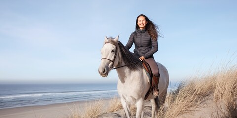 Smiling asian young woman horse riding on beach