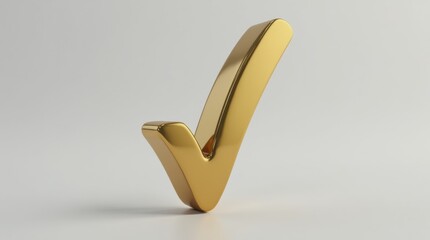 A shiny gold tick mark with a reflective surface, symbolizing confirmation or the correct choice, isolated on a neutral background