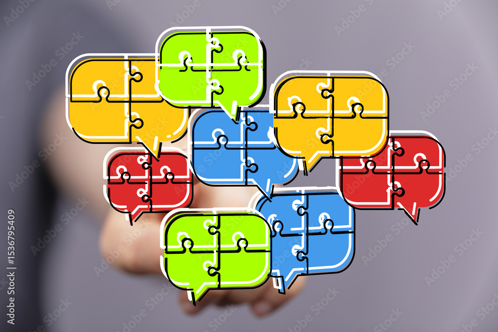 Poster image of puzzle pieces forming speech bubbles, representing teamwork and communication.